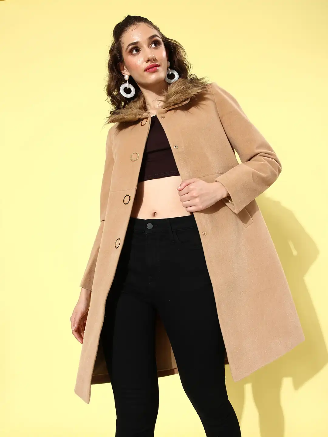 Buy 4WRD by Dressberry Faux Fur Trim Detachable Collar Knee Length