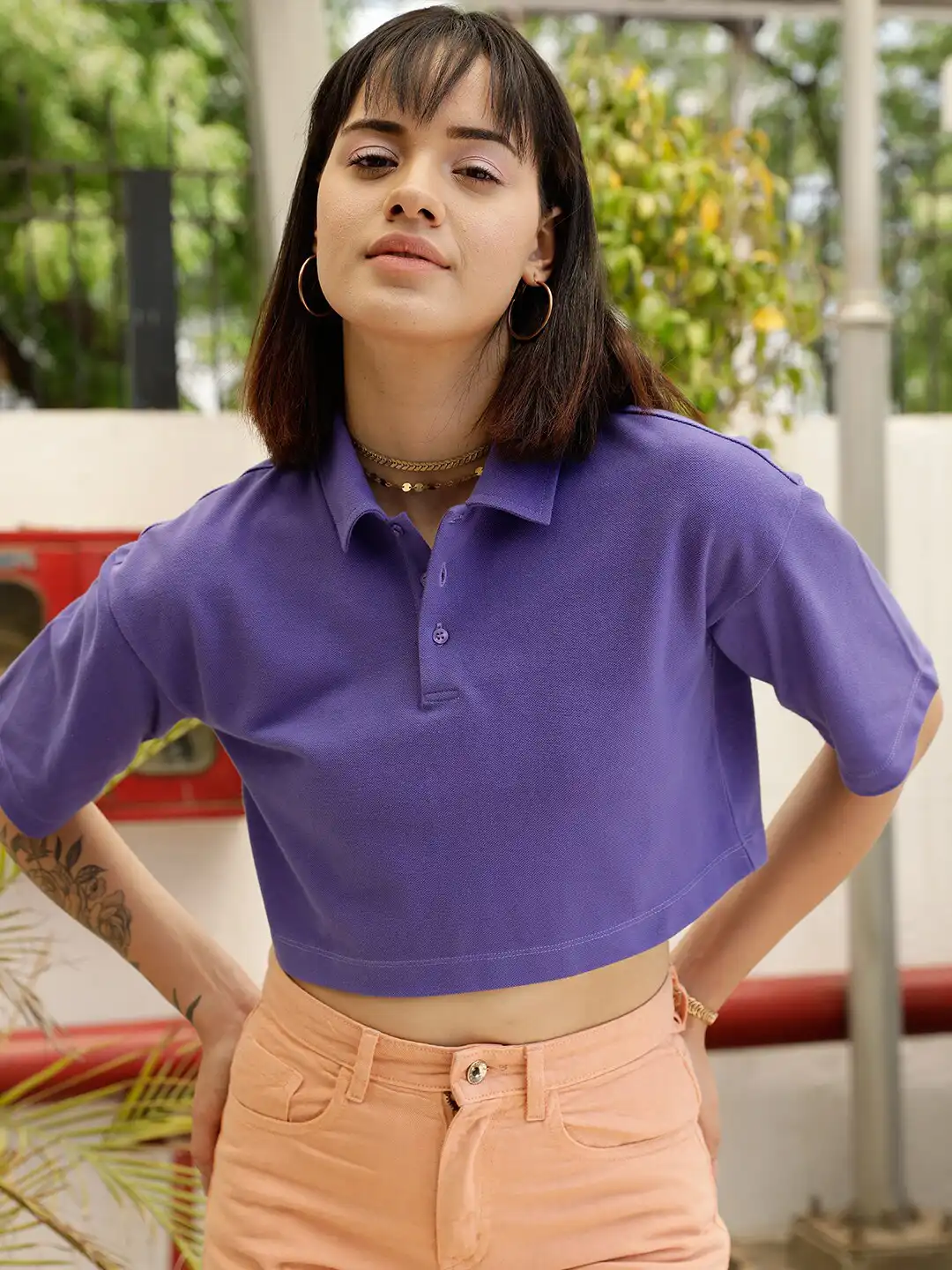 Buy STREET 9 BASICS Purple Polo Collar Drop Shoulder Sleeves Crop
