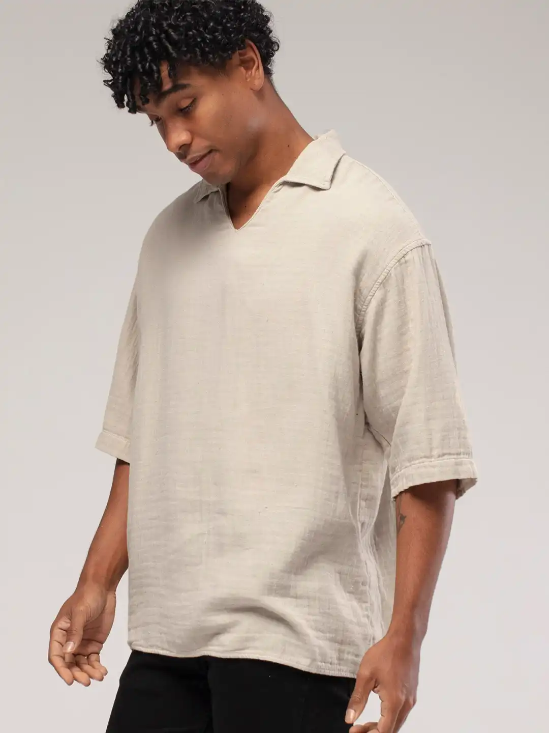 トップス CALEE 3/4 Sleeve Drop Sholder Shirt Buy catch Men Polo Collar Drop-Shoulder Sleeves T-shirt - Tshirts