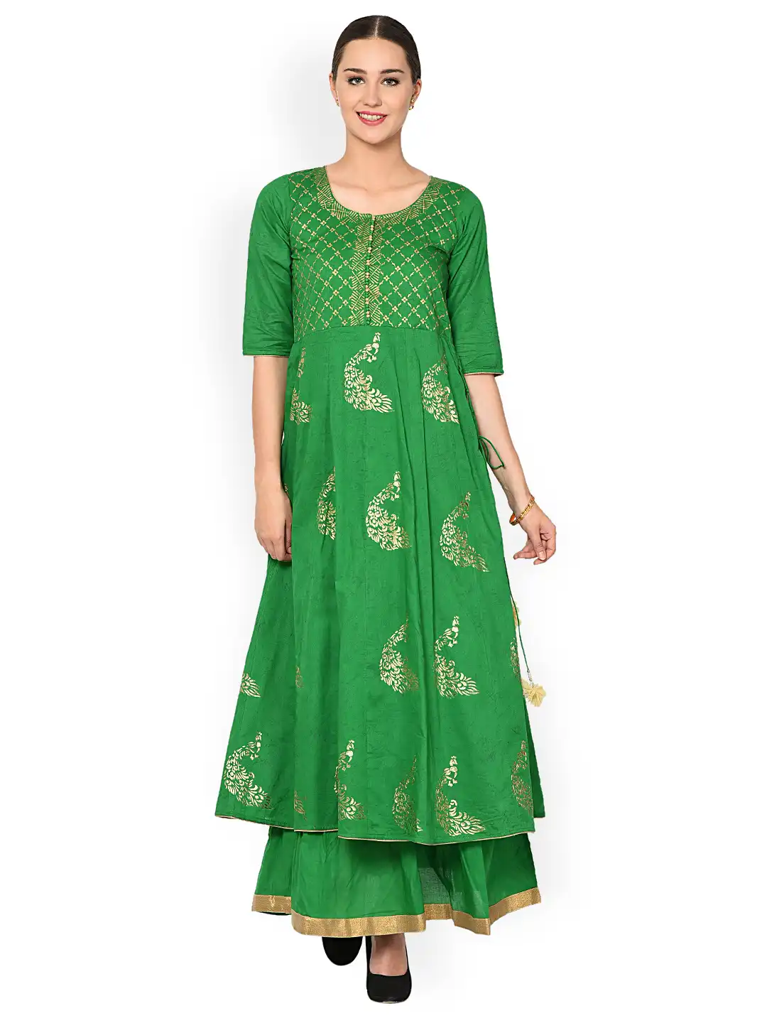 green floral dress casual Parrot Green Pure Cotton Anarkali Set main image 0