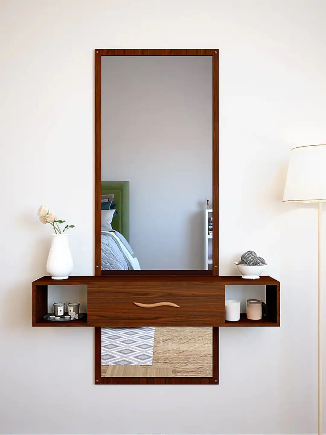 wooden dressing mirror designs Engineered Wood Dressing Table Mirror with 1-Drawer, Bangle Holder & H   Hexa Red