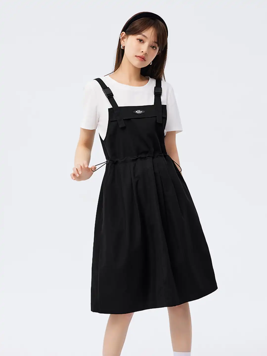 pinafore dress with t shirt GOUB - Long-Sleeve Plain T-Shirt / Denim Maxi A-Line Pinafore Dress