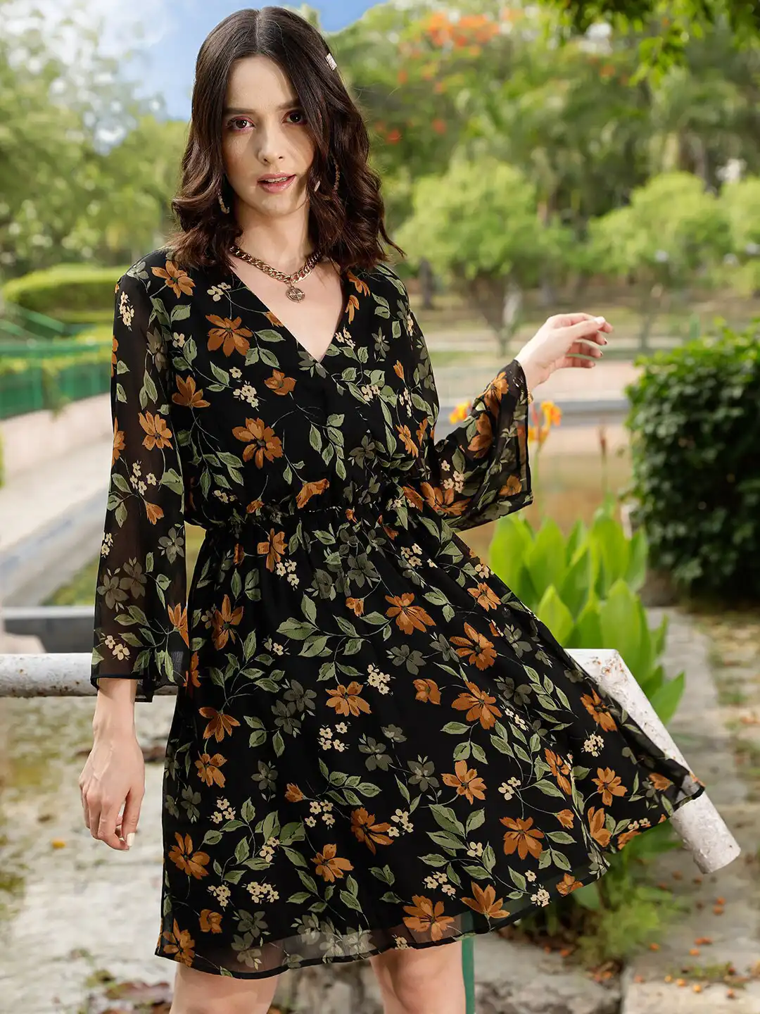 black green floral dress Black Floral Frill Sleeve Martha Midi Dress main image 0