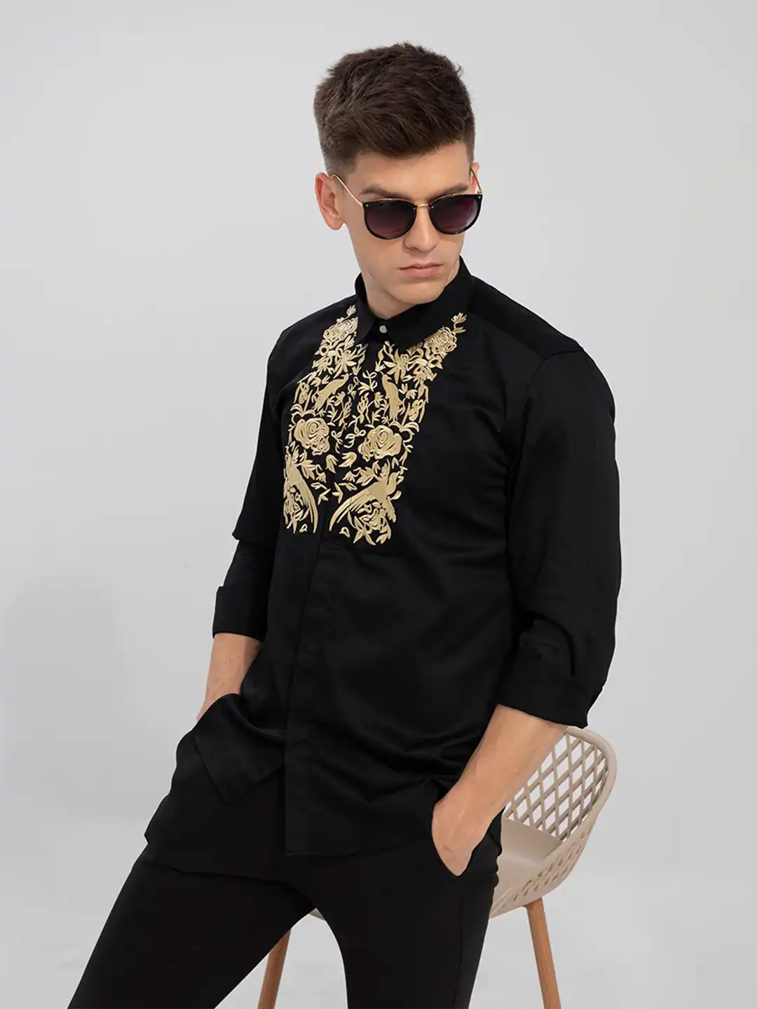 black and gold dress shirts for men Buy Snitch Classic Floral Embroidered Cotton Shirt - 23443134 Men's Size:15 US at a wedding Occasion:Birthday Dinner Mac Duggal - Blue