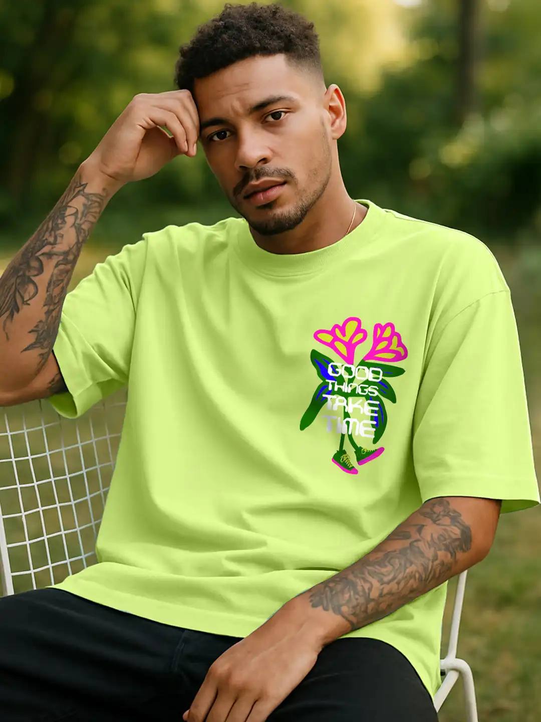 Buy VEIRDO Lime Green Typography Printed Pure Cotton Oversized T