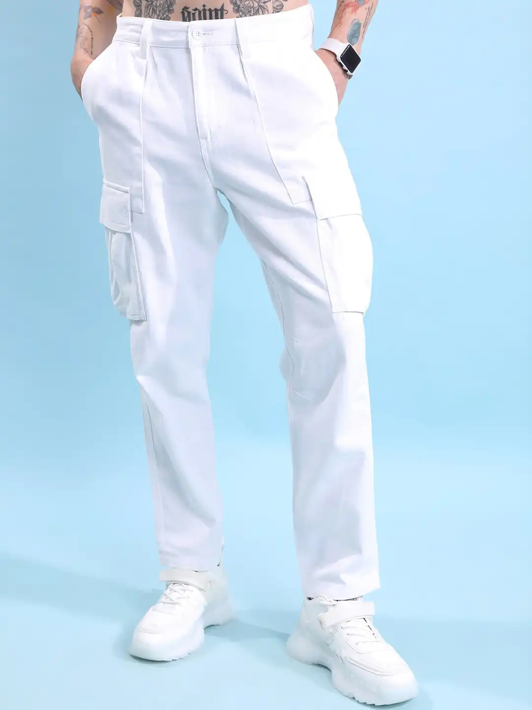 Buy HIGHLANDER Men White Relaxed Fit Ankle Length Cargo Trouser