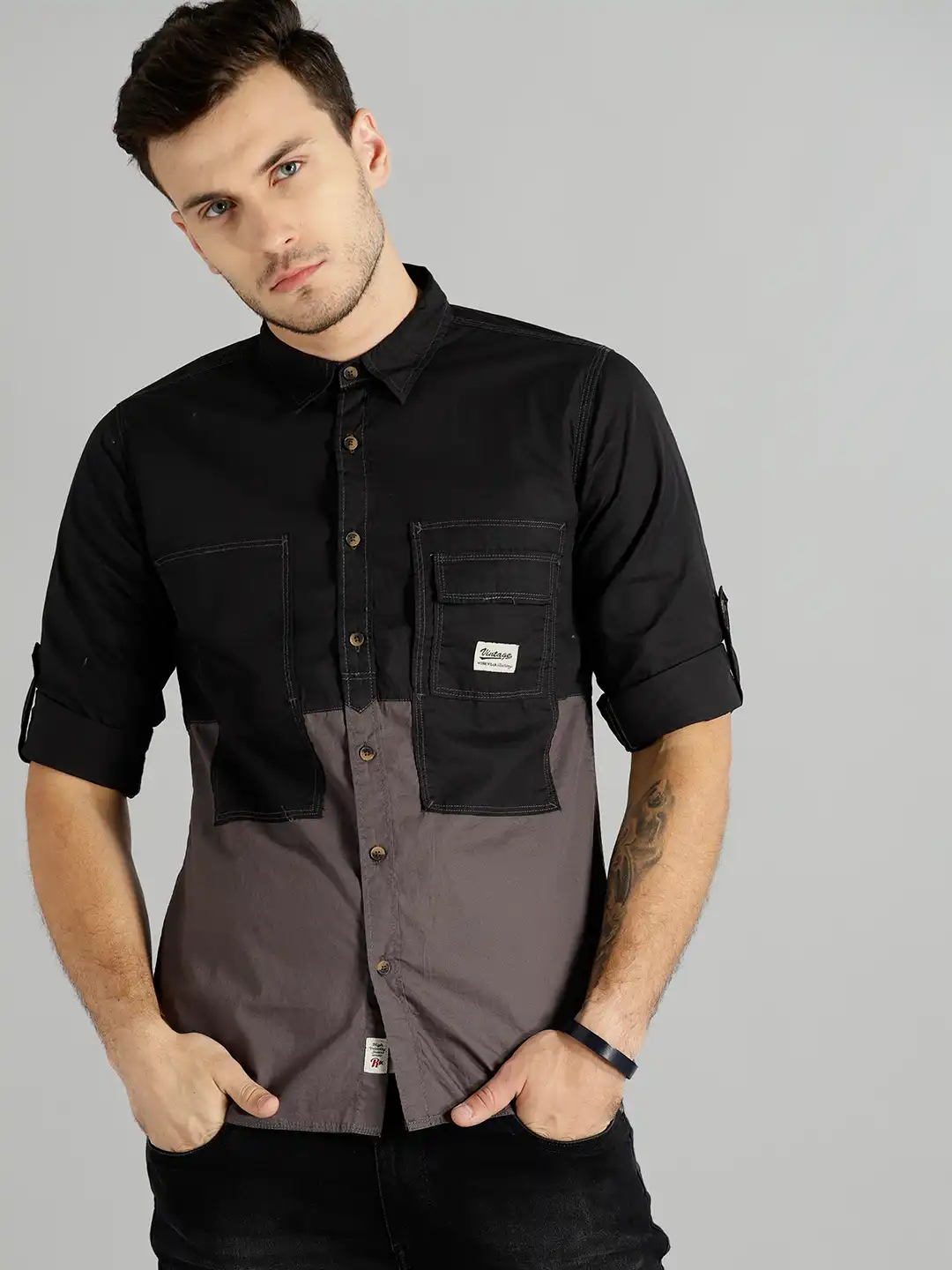 Buy Roadster Men Charcoal Grey & Black Regular Fit Colourblocked
