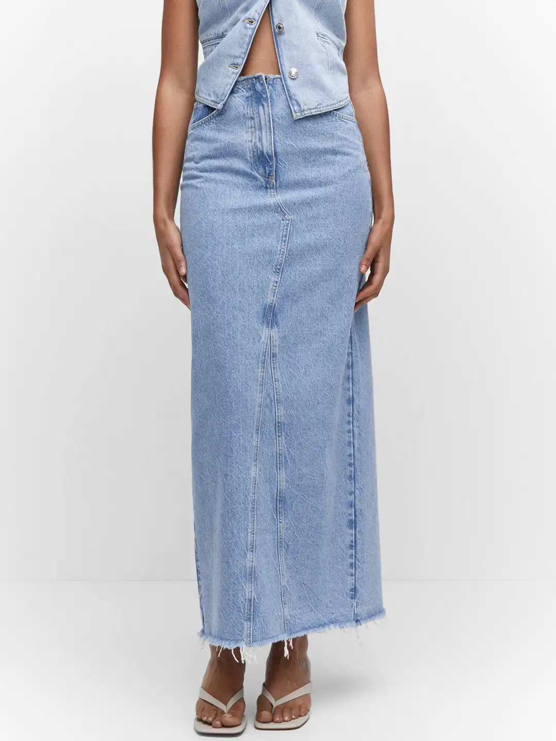 Buy MANGO Fringed Hem Denim Long Skirt - Skirts for Women 23836560
