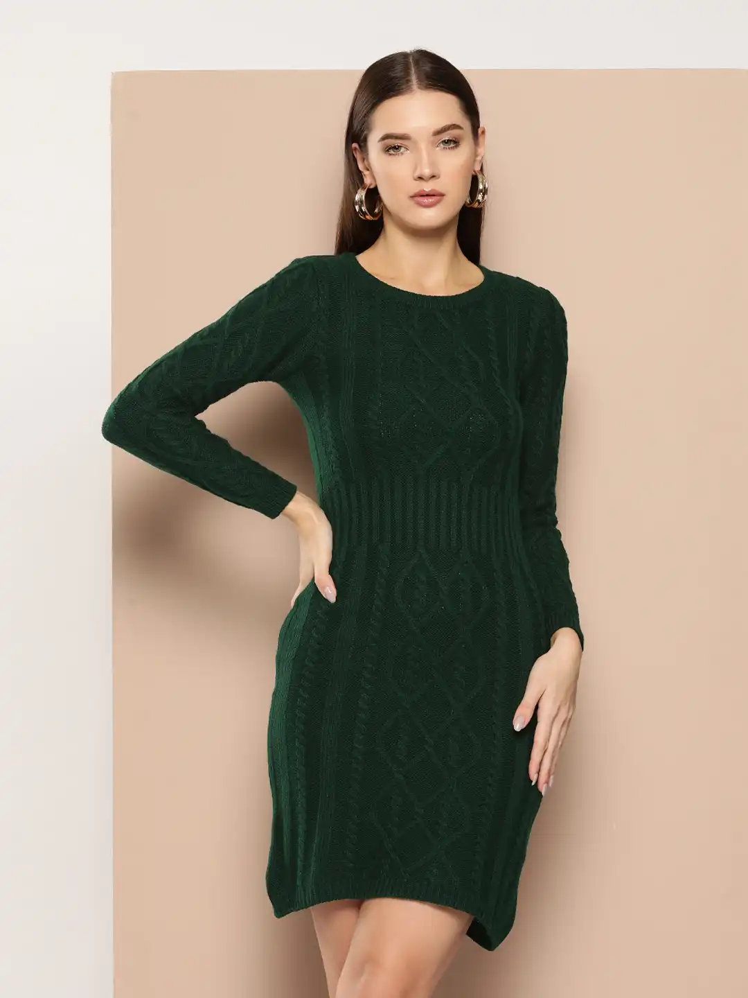 acrylic sweater dress DARK GREEN It can be worn as a sweater dress with knee high boots for a casual fall look Buy Chemistry Cable Knit Acrylic