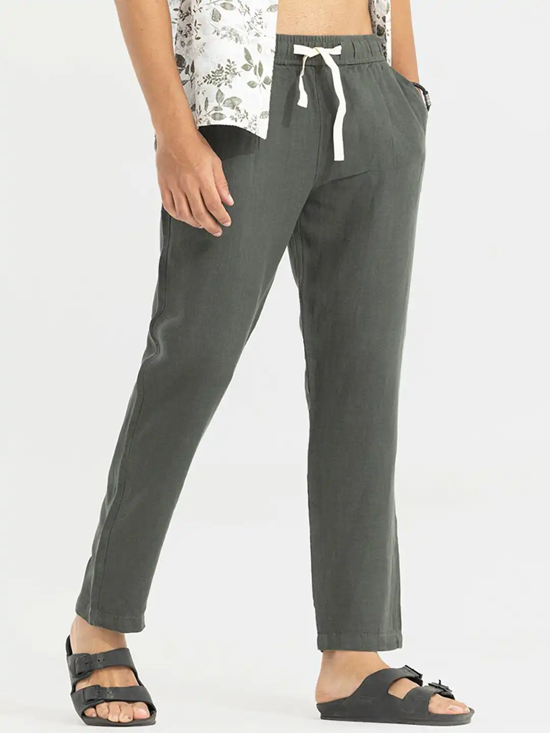 Buy Snitch Men Olive Green Relaxed Straight Fit Linen Trousers