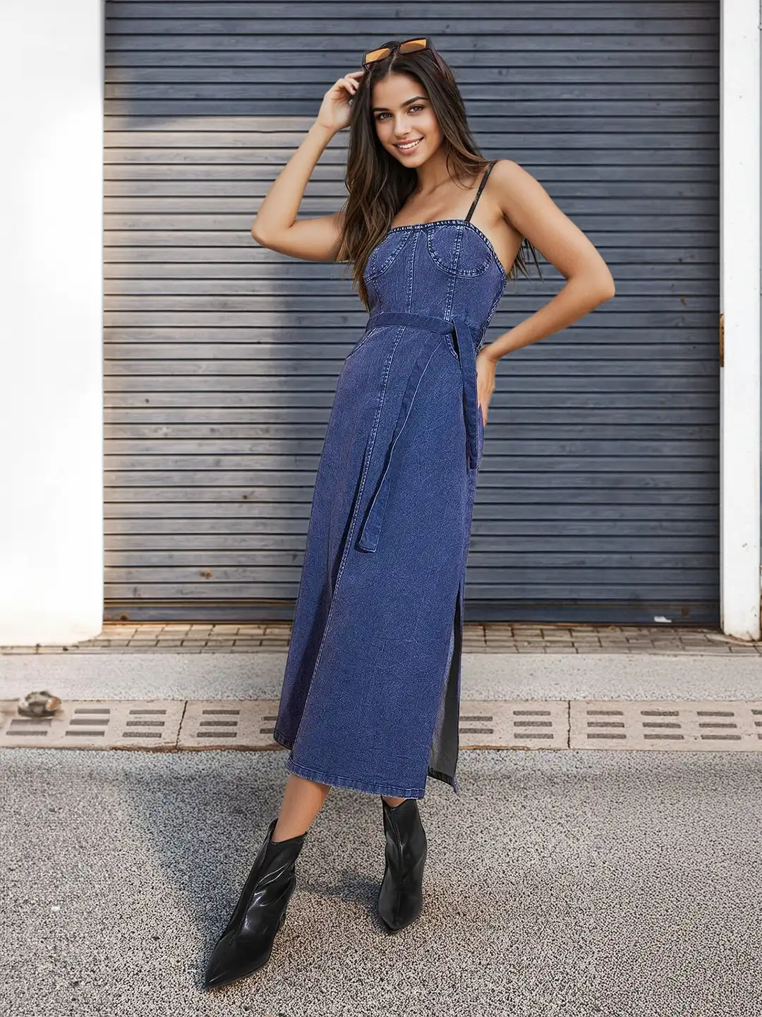 chinese dress ladies Marisol Women's A-Line Tiered Denim Midi Dress L main image 0