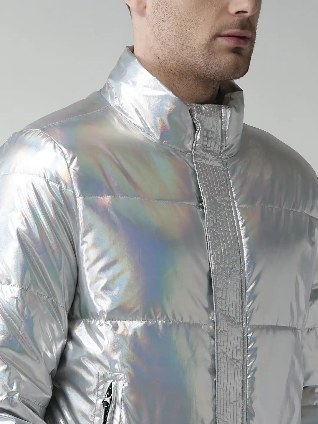 Buy FOREVER 21 Men Silver Bomber Jacket with Iridescent Effect