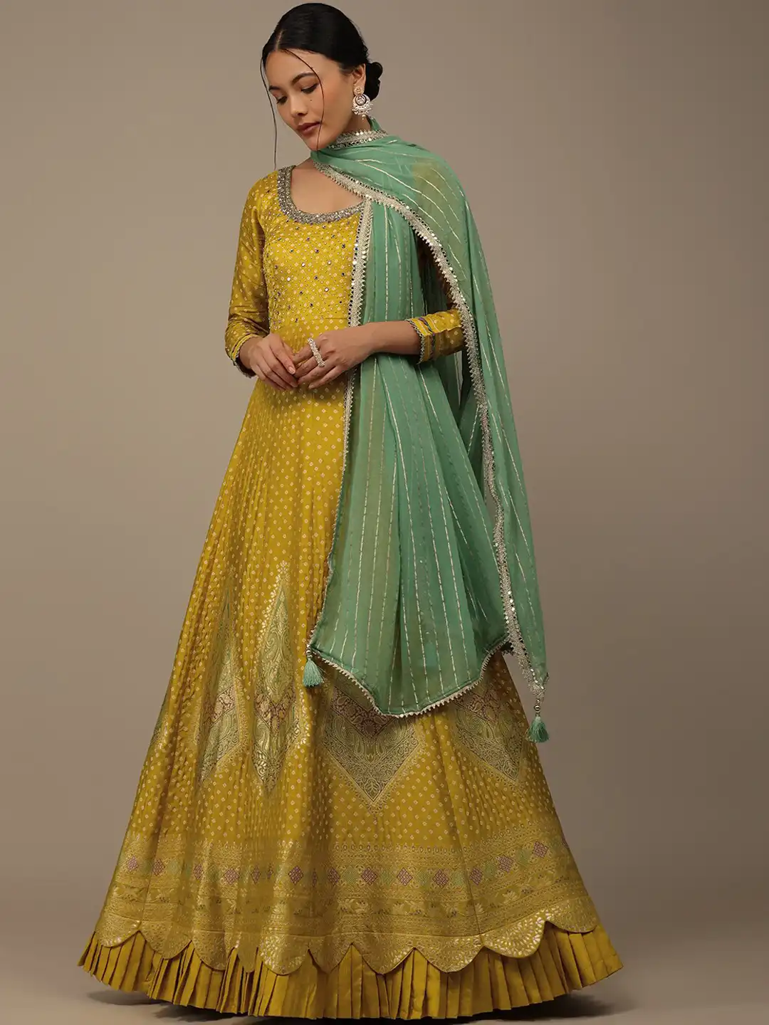 kalki fashion yellow dress Lime Green Floral Printed Gown Set main image 0