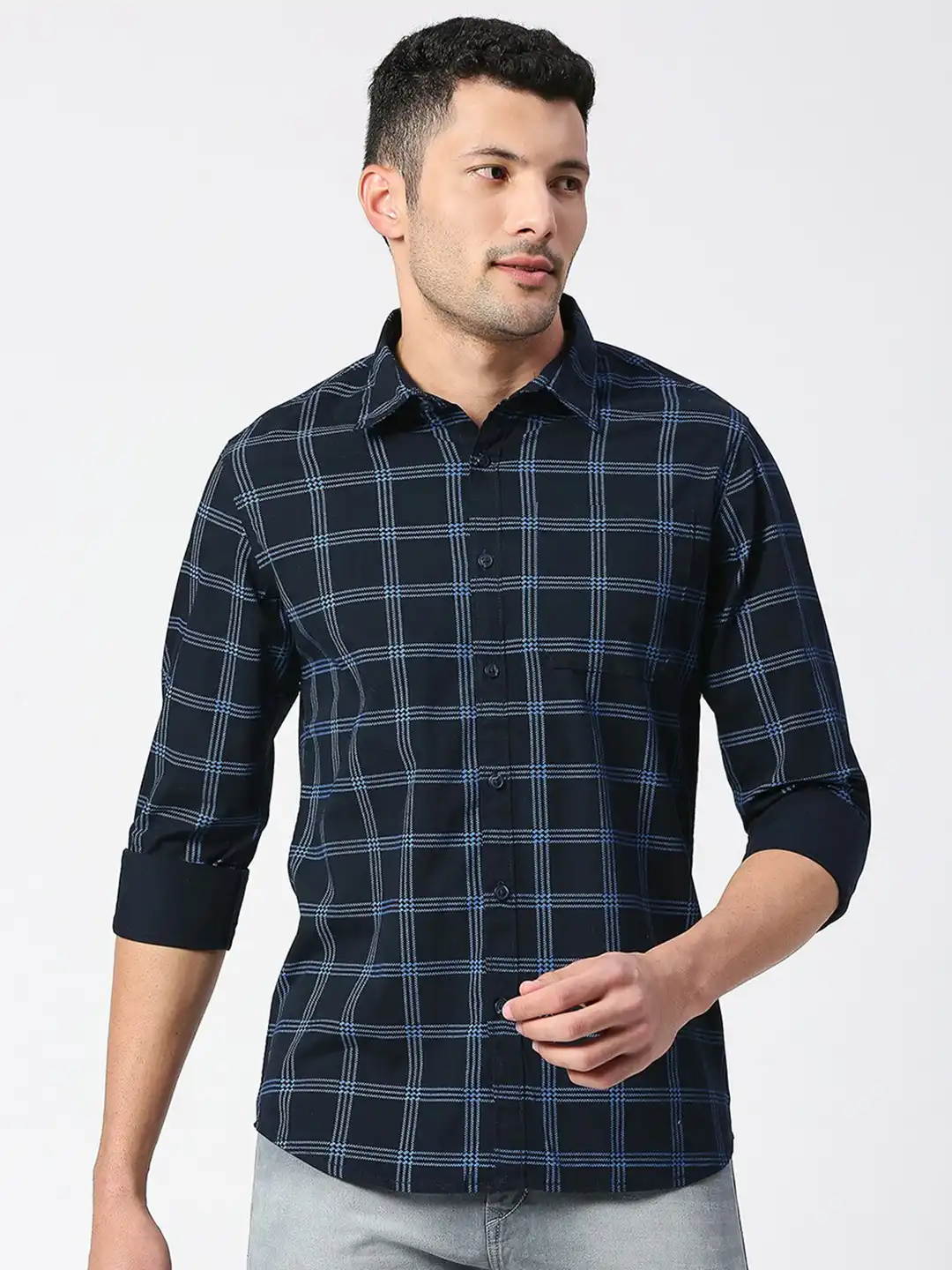 Buy SNX Tailored Fit Windowpane Checks Checked Pure Cotton Casual
