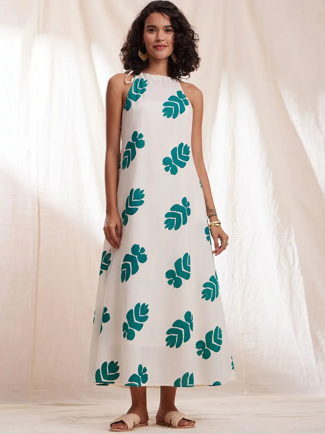 Buy Pink Fort Ethnic Motifs Printed Halter Neck Pure Cotton A-Line Ethnic Dresses - Ethnic Dresses for Women 24375748