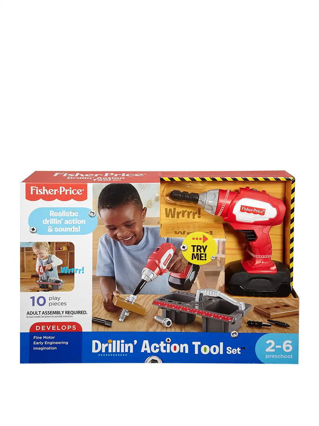 Fisher-Price Drillin' Action Tool Set – Boor Met Geluid, 3 Wisselbits En Houtonderdelen, Voor Kinderen Vanaf 2 Jaar