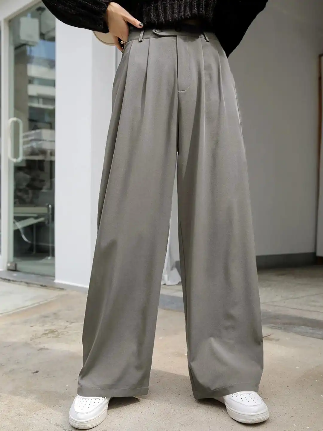 Buy Kotty Women Grey Relaxed Straight Leg High-Rise Pleated