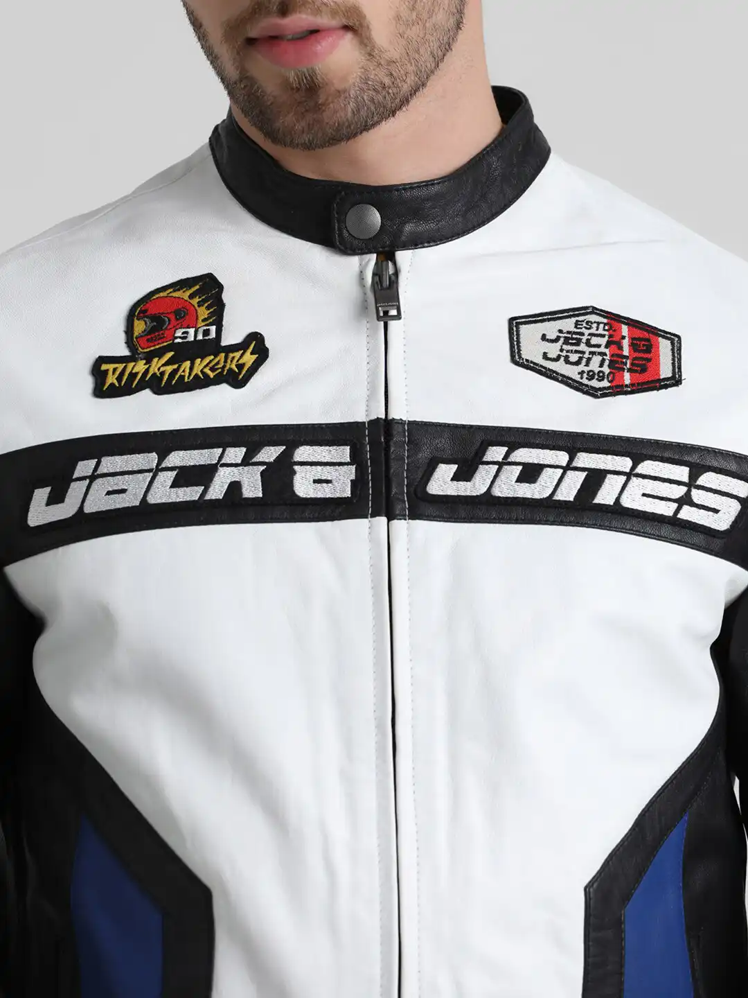 Buy Jack & Jones Colourblocked Leather Biker Jacket with Patchwork