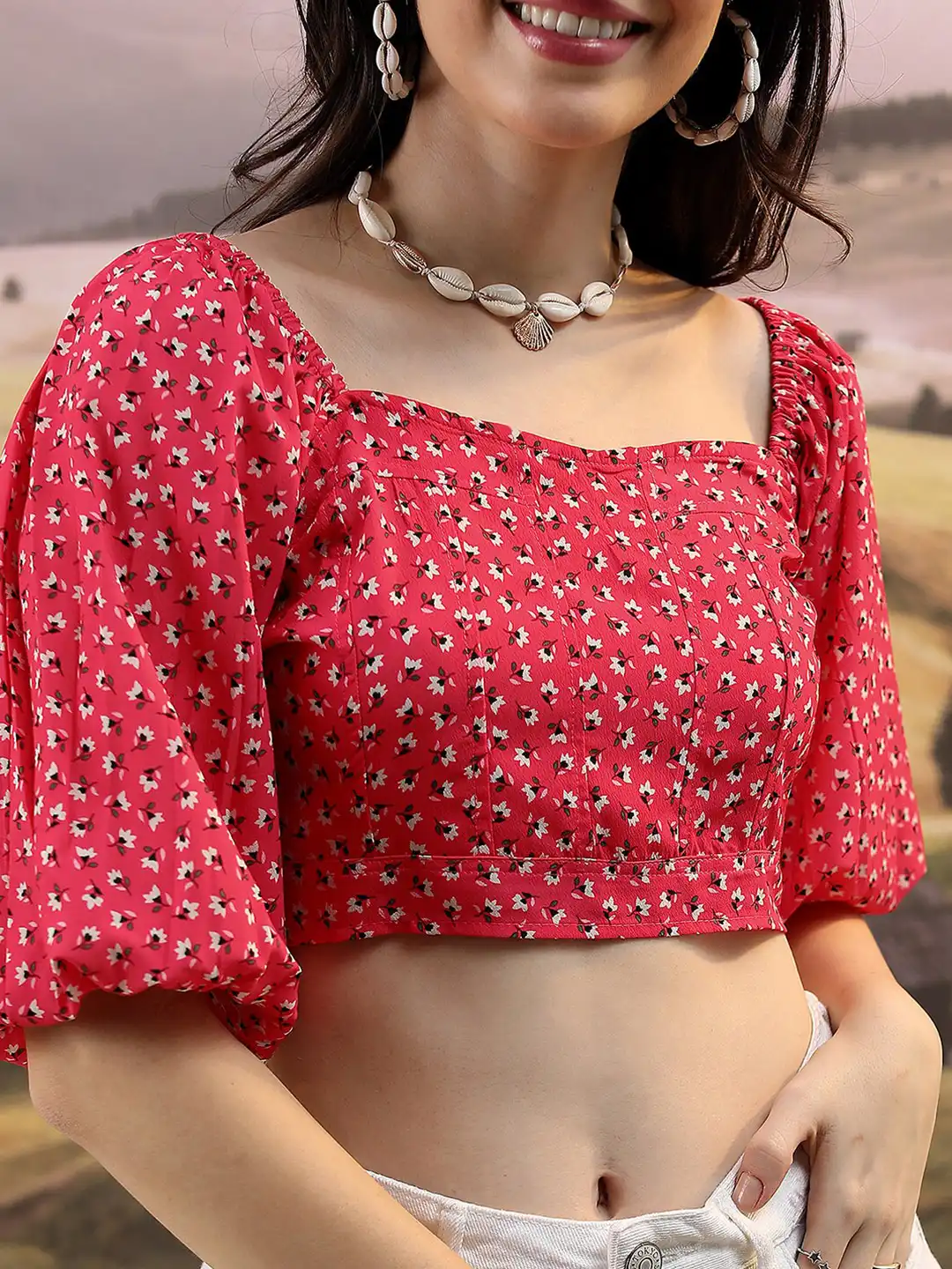Buy Tokyo Talkies Red & White Floral Printed Puff Sleeves Crop Top