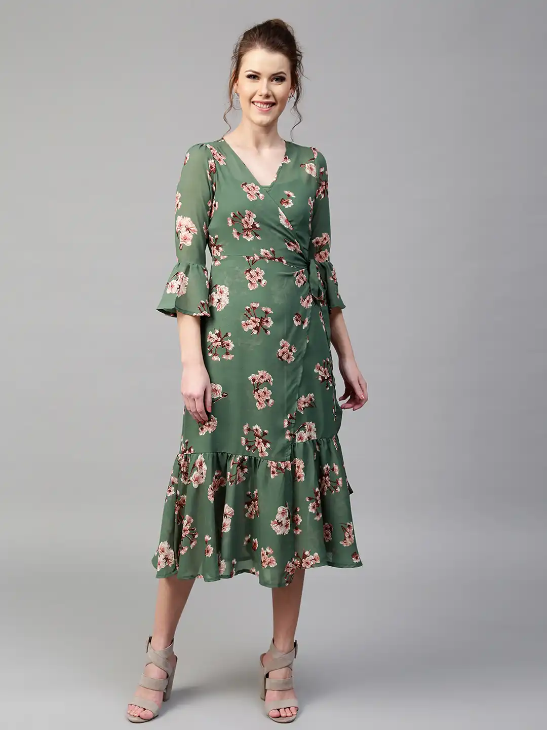 green floral print wrap dress Green Boho Floral Mini Dress – Wrap Style V-Neck A-Line Summer Dress in Green | Women's Boho Fashion | XL main image 1