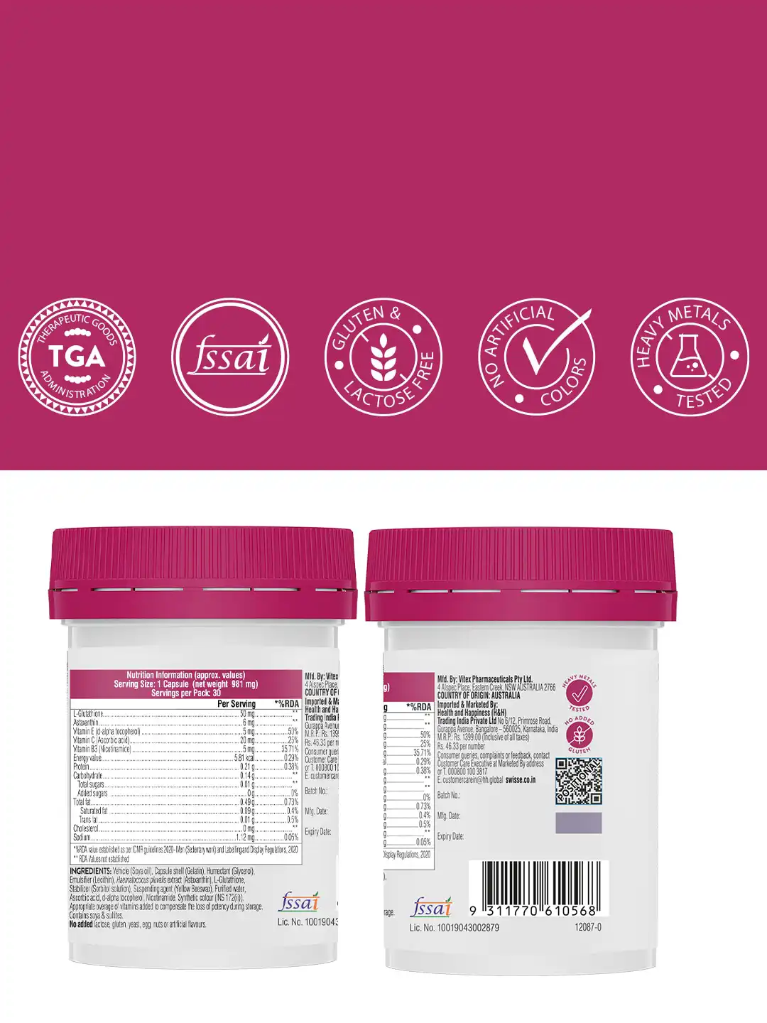 Buy Swisse Glutathione+ Capsules with Vitamin C & E - 30 Capsules - Skin  Supplements for Unisex 24792400