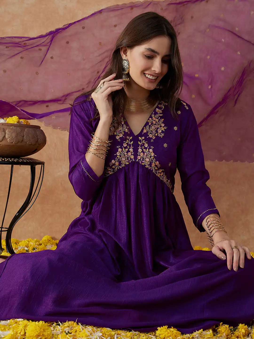 alia cut dress myntra Buy Sangria Purple Floral Embroidered Alia Cut Empire Kurta With Trouser &  Dupatta - Kurta Sets for Women 27907120