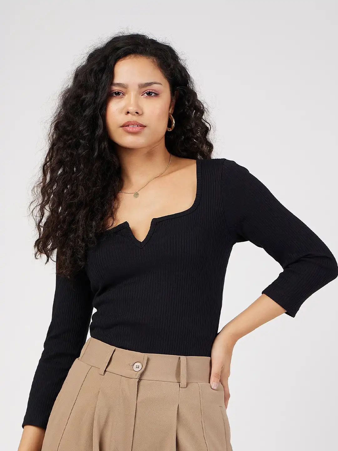 Buy SASSAFRAS Black Ribbed Scoop Neck Fitted Top - Tops for Women
