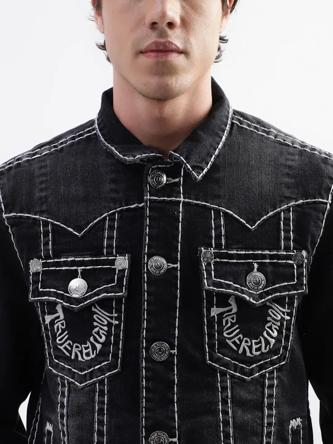 Buy True Religion Washed Spread Collar Denim Jacket With