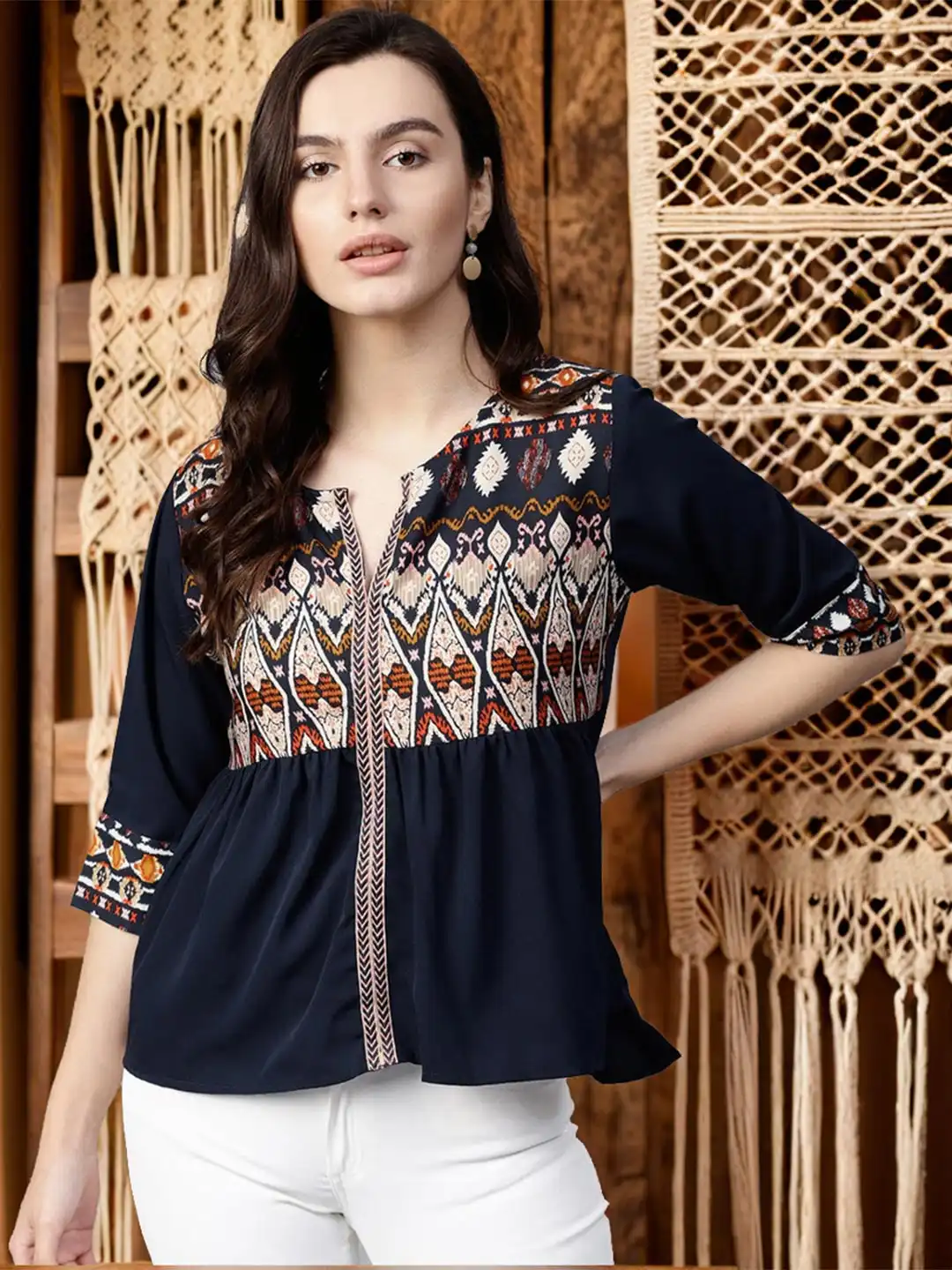 トップス marno bianca blouse navy Buy Pannkh Navy Blue Ethnic Motifs Pleated Keyhole Neck Top - Tops