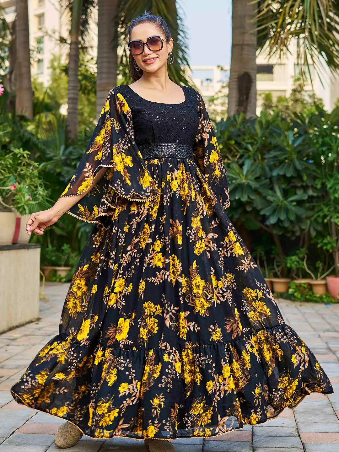 Buy CHANSI Floral Printed Flared Sleeves Maxi Georgette Gown Ethnic Dress -  Ethnic Dresses for Women 25091558 | Myntra