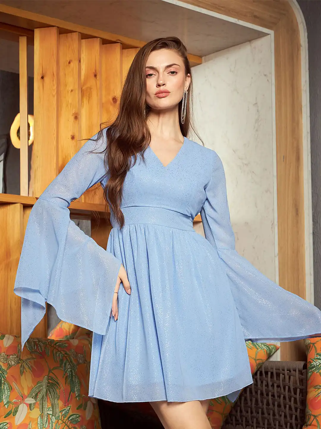Buy KASSUALLY Sparkle Foil Knitted Blue V-Neck Flared Sleeves Gathered Mini  Fit Flare Dress - Dresses for Women 25278950 | Myntra