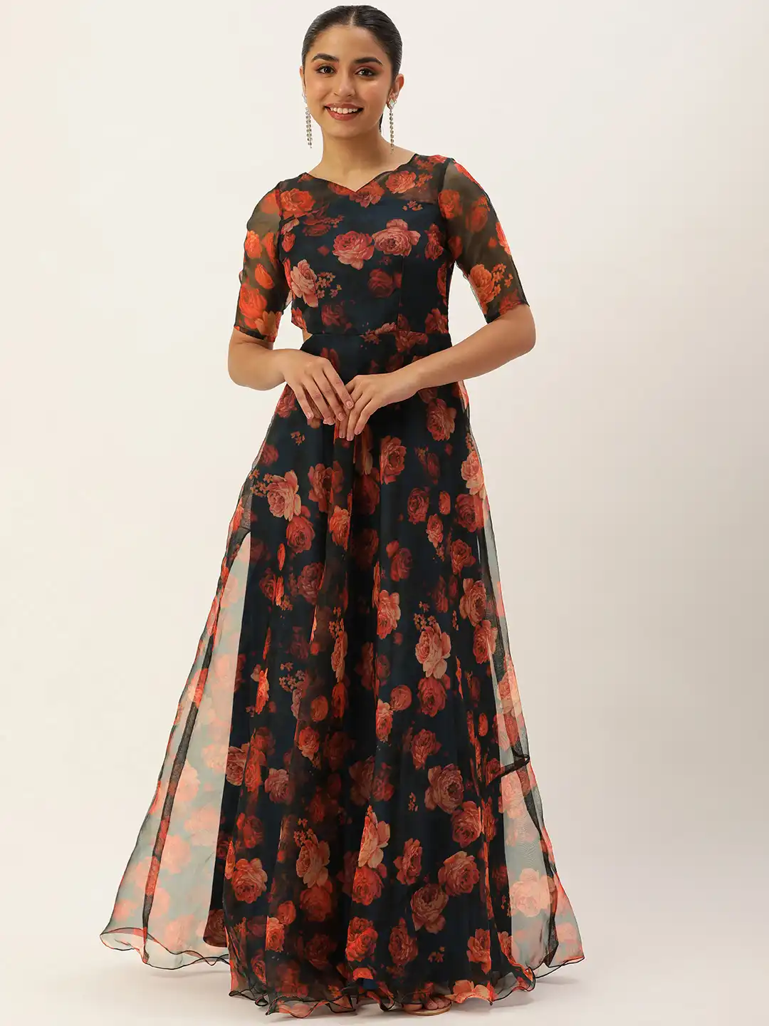 myntra organza dress Buy Sangria Floral Print Sweetheart Neck Ruffled Organza Maxi Dress With Shoulder Tie-Ups - Dresses for Women 21234730