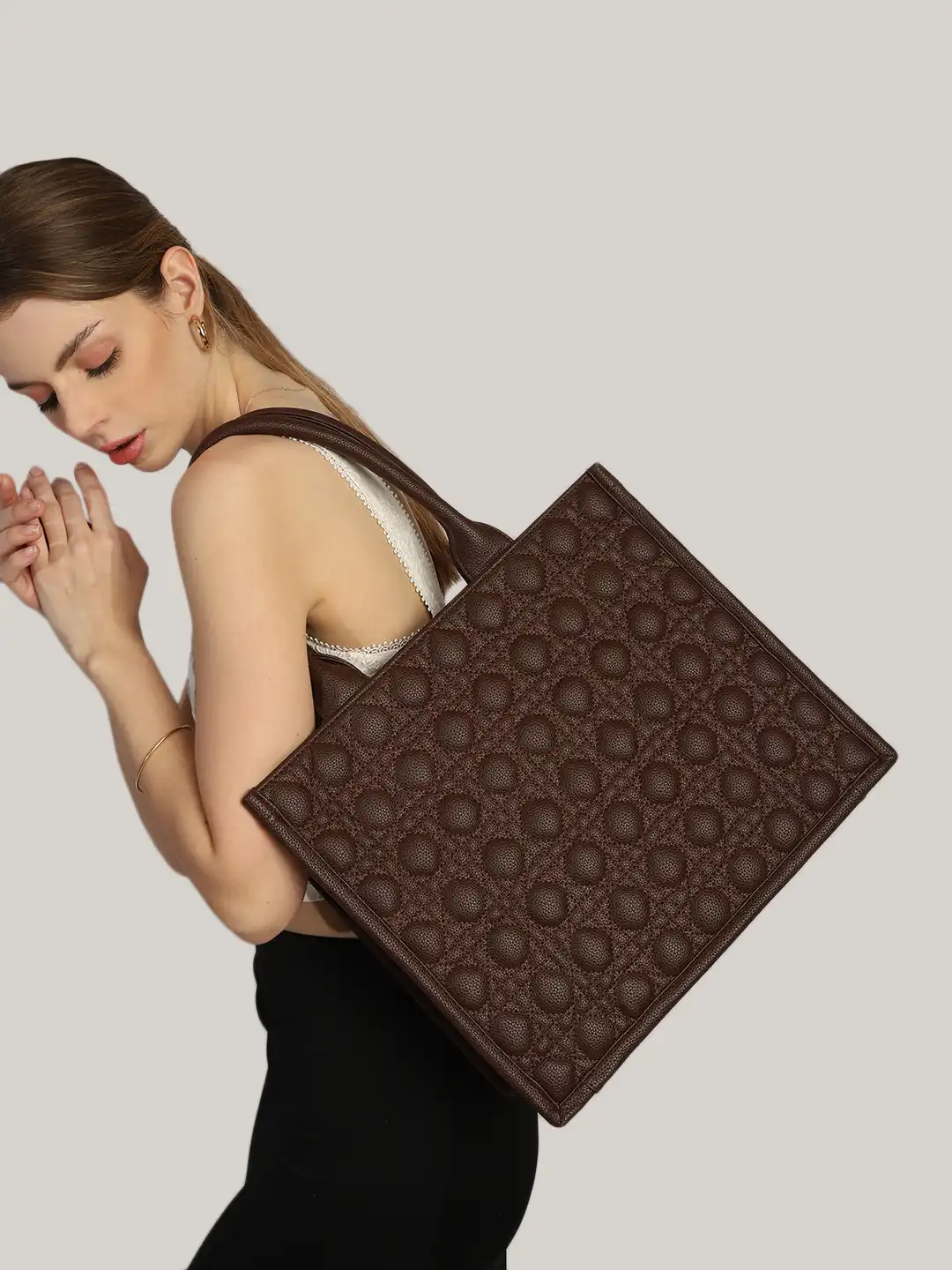 Buy MINI WESST Textured Structured Tote Bag With Quilted Up to 16