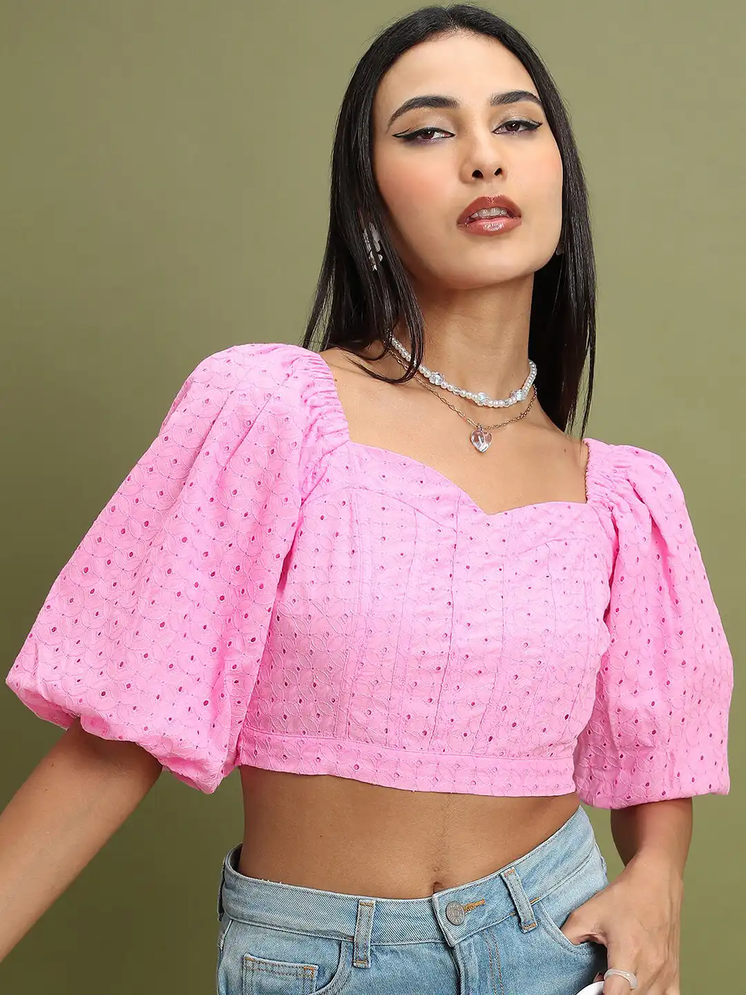 Buy Tokyo Talkies Schiffli Puff Sleeve Sweetheart Neck Puff Sleeve