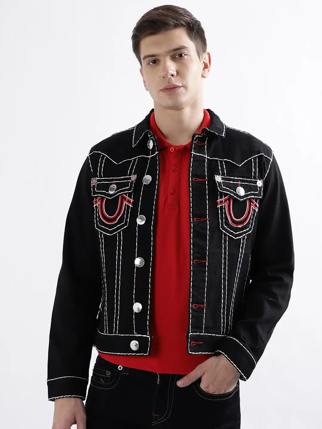 Buy True Religion Washed Crop Denim Jacket with Patchwork