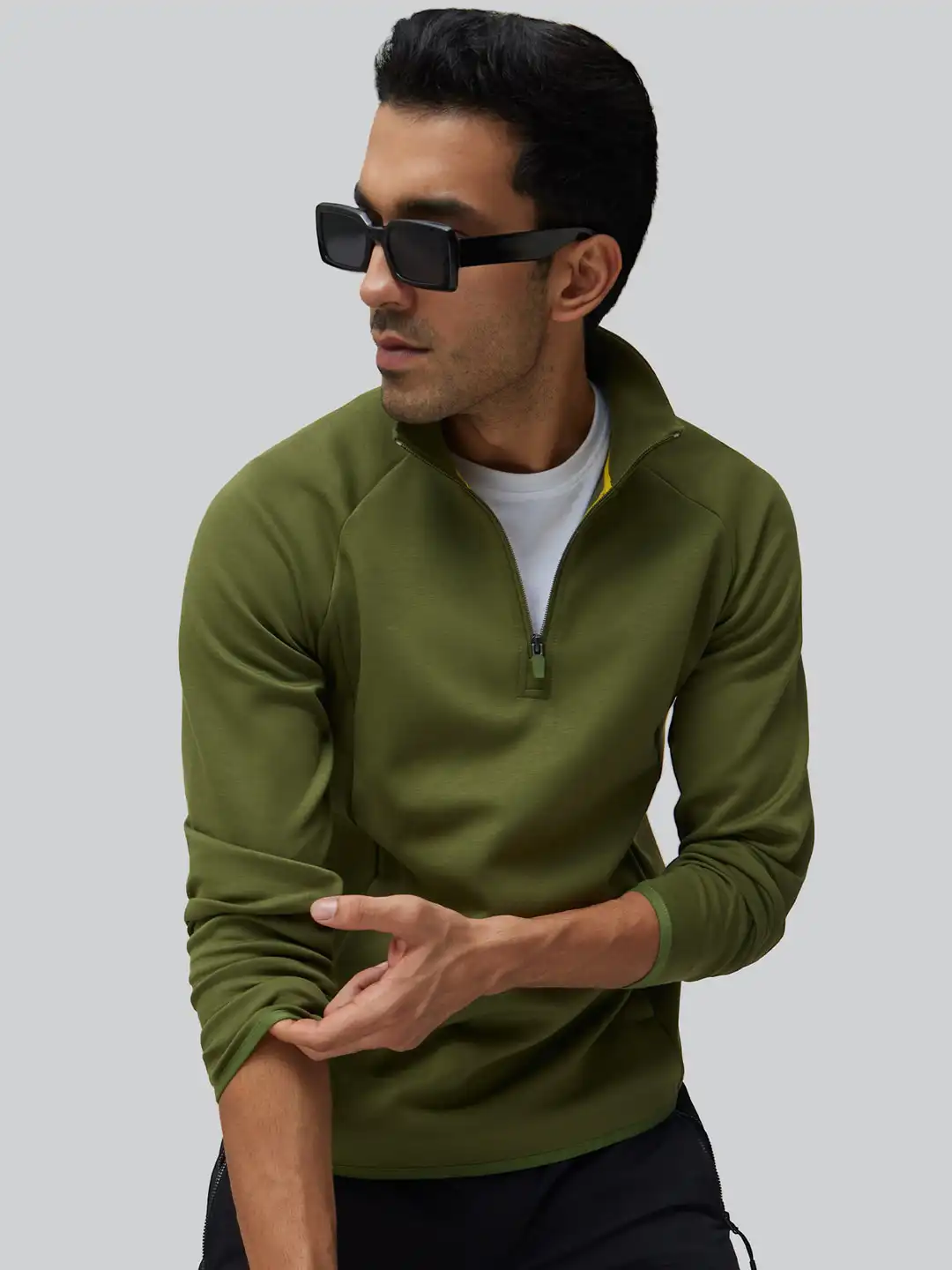 Buy XYXX Men Regular Fit Solid Olive Green Half- Zip Sweatshirt