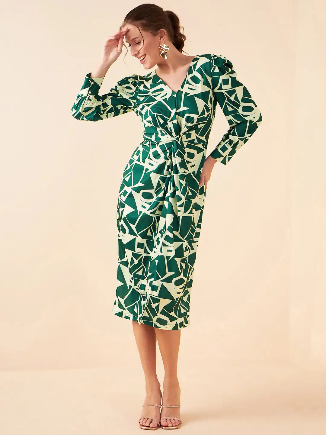 Buy Antheaa Green Geometric Printed V-Neck Sheath Midi Dress - Dresses for  Women 25671632 | Myntra