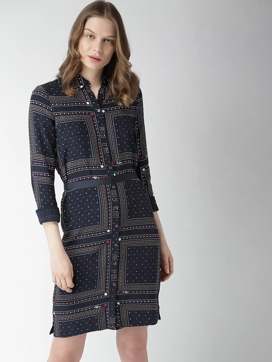 tommy hilfiger printed a line dress Tommy Hilfiger Women's Long-sleeved Paper Poppy Printed Chiffon A-line Dress In Black Multi