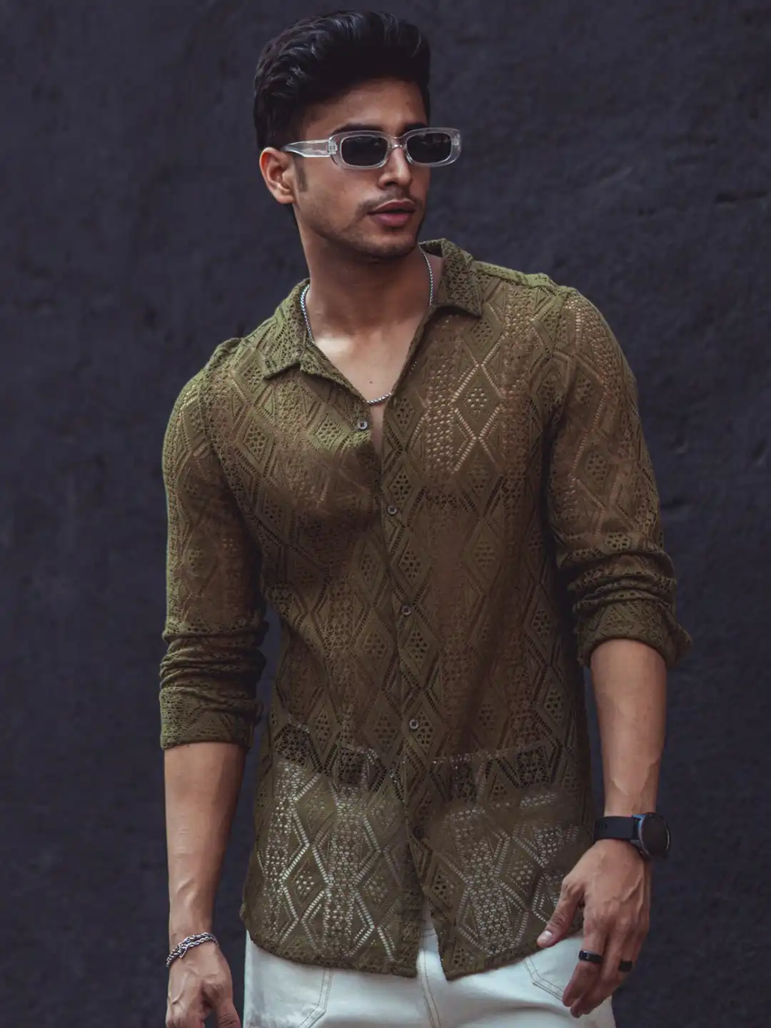 Buy Powerlook Olive Green India Slim Sheer Self Design Casual