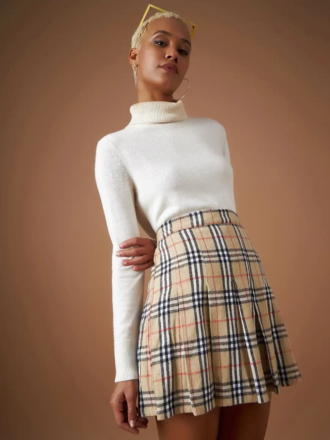 Buy SASSAFRAS Beige Checked Pleated Pure Cotton A-Line Mini Skirt
