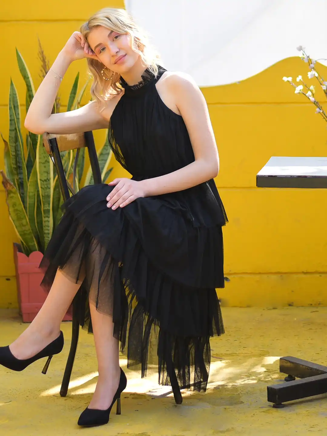 Buy BLANC9 High Neck Sleeveless Tie Up Layered Fit & Flare Midi Dress -  Dresses for Women 25918006 | Myntra