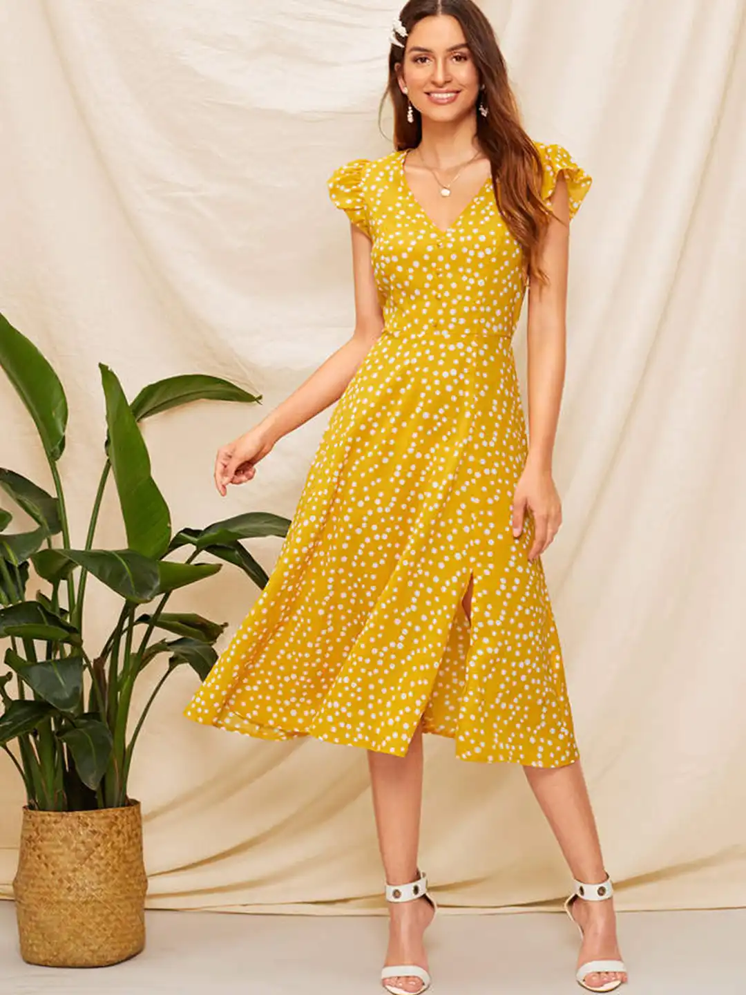 Buy Mustard Polka Dot Flutter Sleeve A-Line Knee Length Dress - Dresses for  Women 26028692 | Myntra