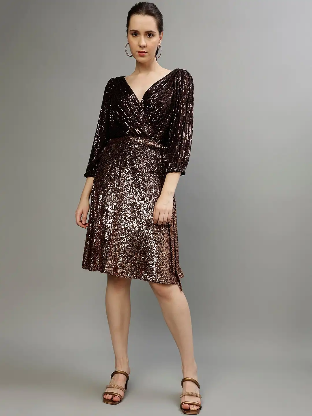 dkny sequin dress DKNY Women's Long Sleeve Ombre Faux Wrap Sequin Dress