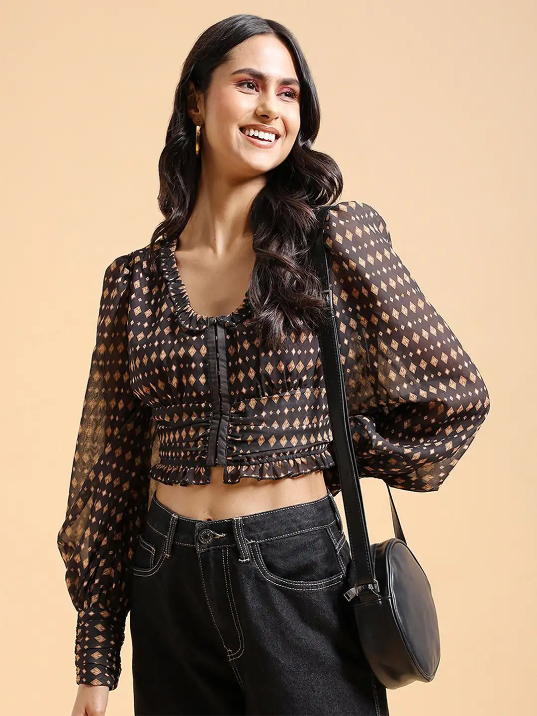 Buy Tokyo Talkies Brown Geometric Printed Bishop Sleeves Ruffle