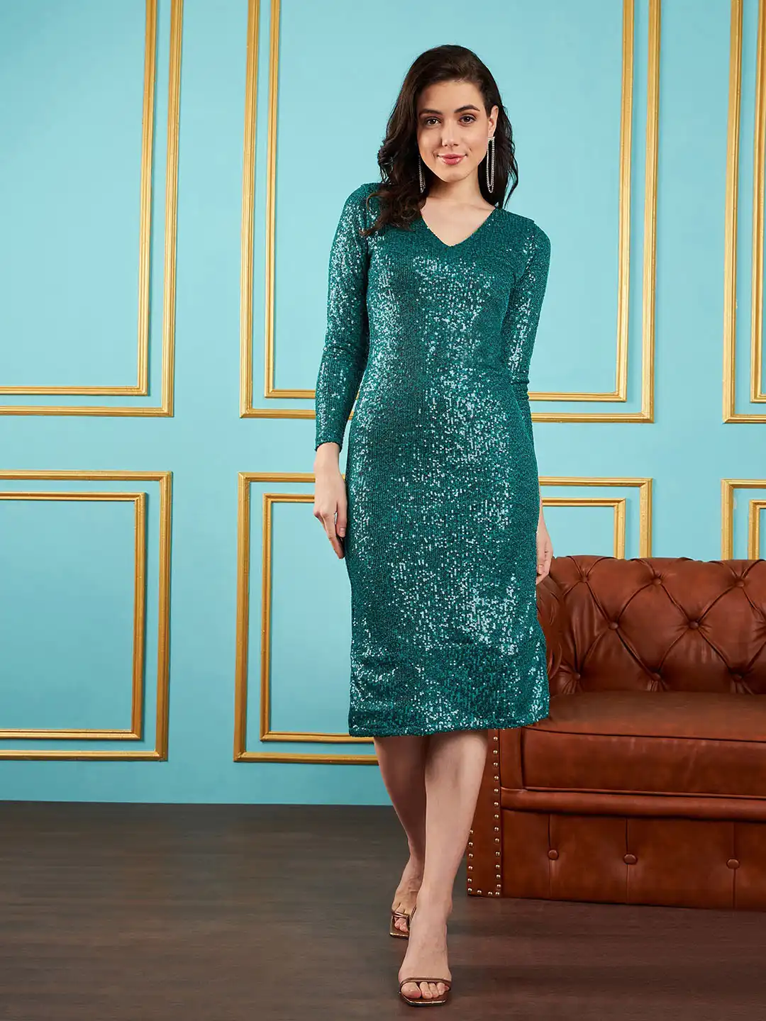 Buy SASSAFRAS V-Neck Embellished Sequined Sheath Dress - Dresses