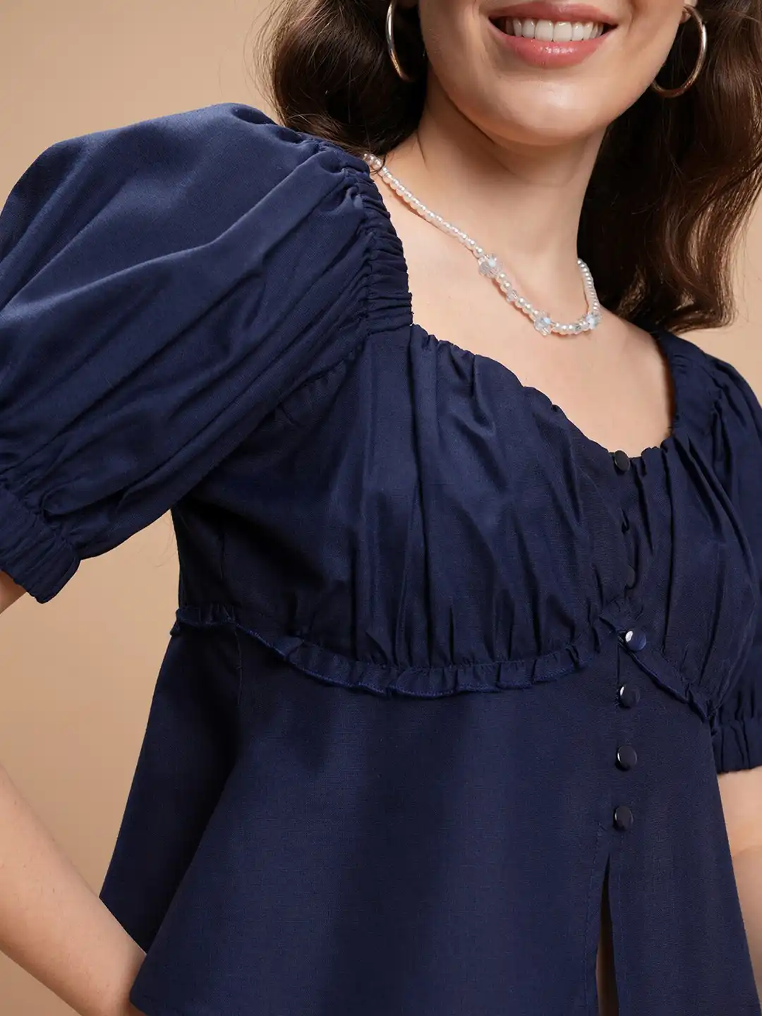 Buy Tokyo Talkies Navy Blue Sweetheart Neck Peplum Top - Tops for