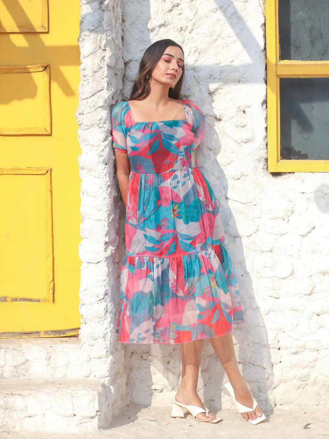 chiffon fit and flare midi dress THE ANGEL CHIFFON MIDI DRESS IN BLUE main image 0