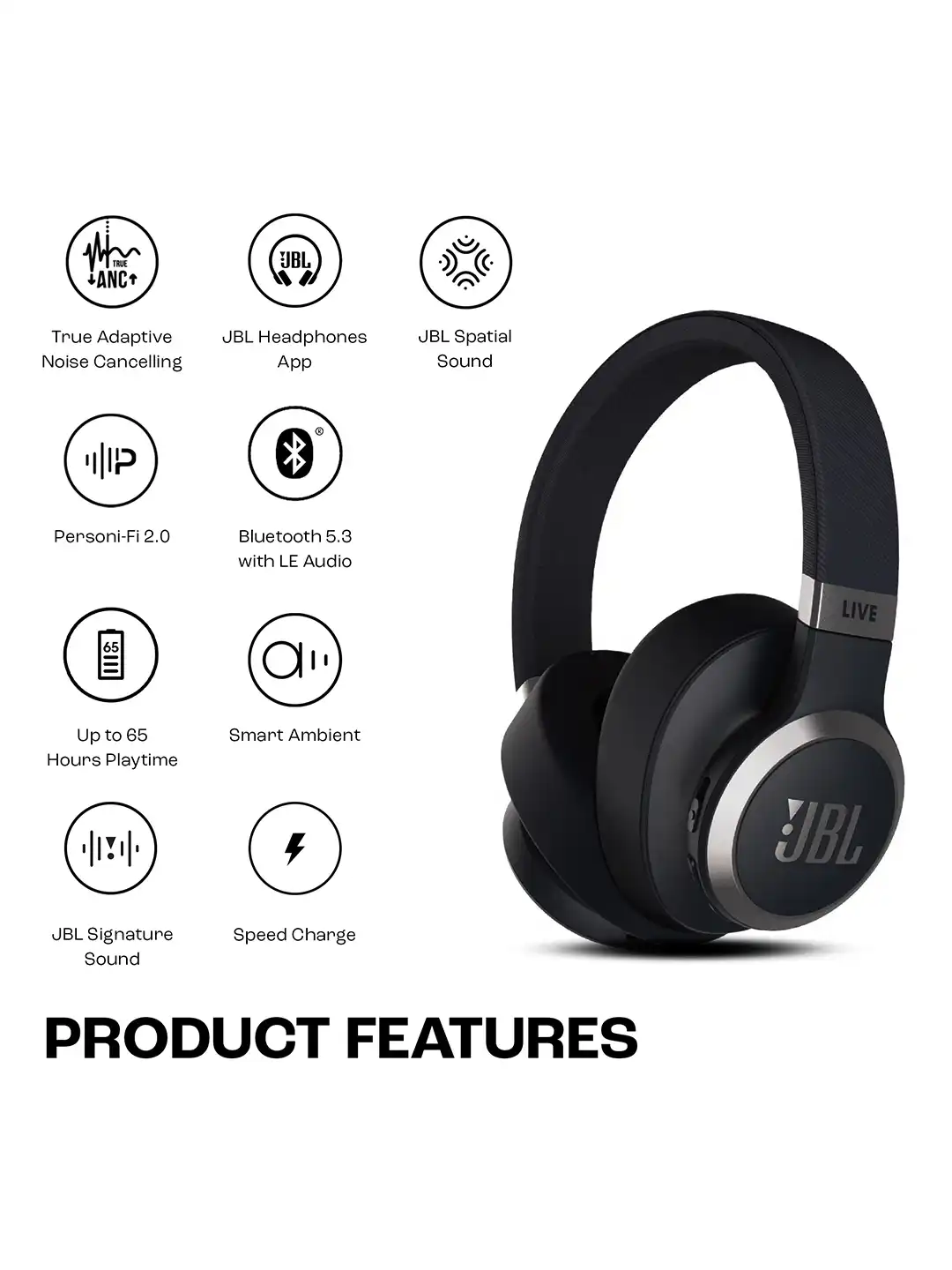 Buy JBL Black Live 770NC with ANC Wireless Over Ear 65Hrs Playtime