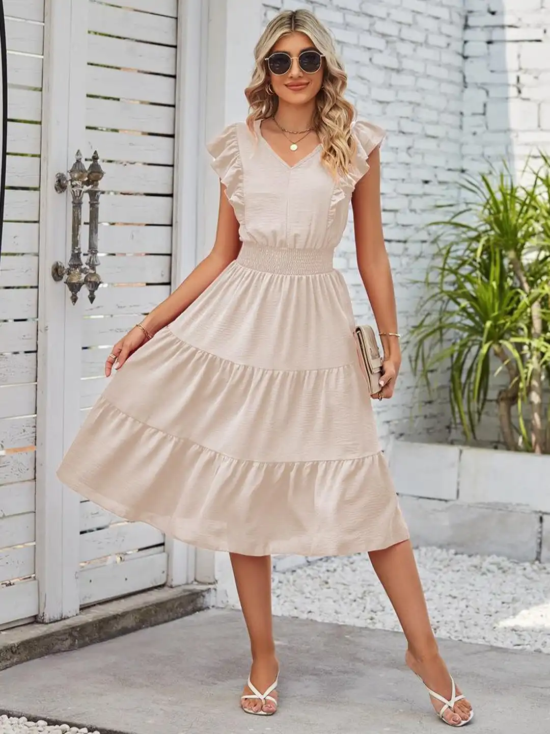 Buy StyleCast Beige V-neck A-Line Knee Length Dress - Dresses for Women  26699088 | Myntra