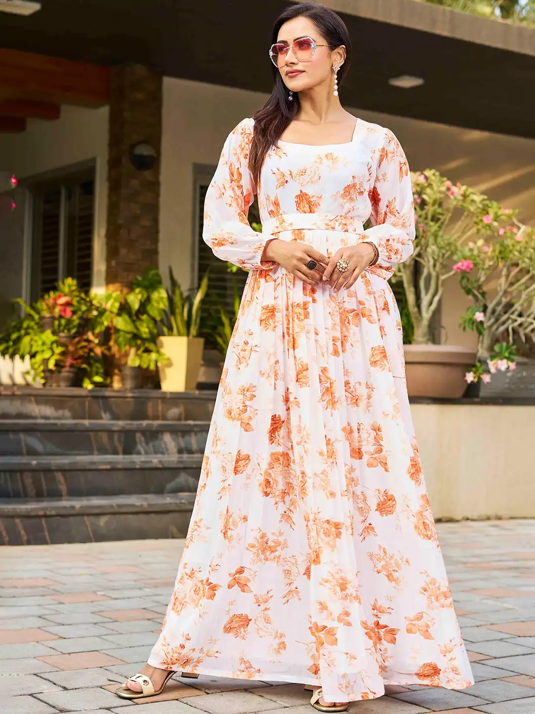 white fit and flare dress plus Red Long Flared A Line Rayon Dress with jacket – Jaipur Hand Block main image 1